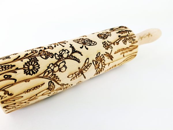 EMBOSSING ROLLING PIN FLORAL WREATH Wooden embossing dough roller with  Flowers pattern